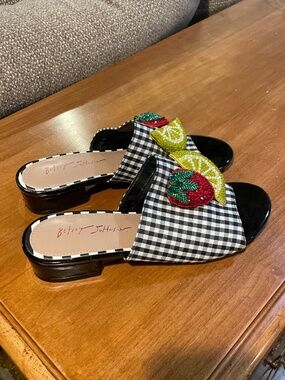 Betsey Johnson Lindyy Fruit Bead Embellished Raffia Slide Sandals